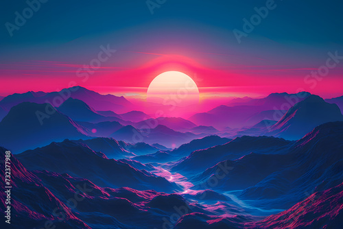 A mesmerising sunrise over a silhouetted mountainous horizon, illuminated with vibrant Chiaroscuro Neon style highlights