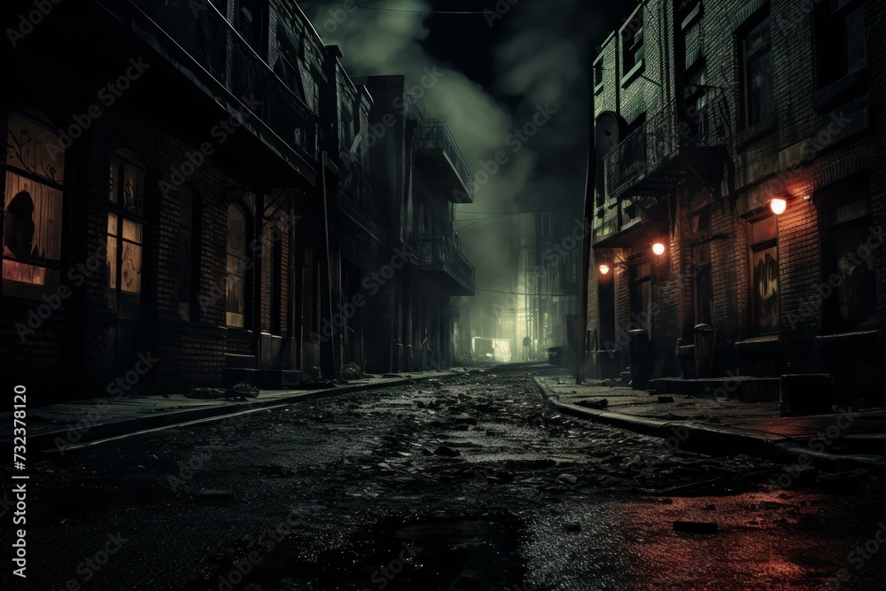 Night dark street. House alone scene. Generate Ai