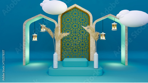 3D render, Ramadan-themed background with Islamic decorative objects. A simple Ramadan exhibition scene featuring an empty cubic podium for product presentations