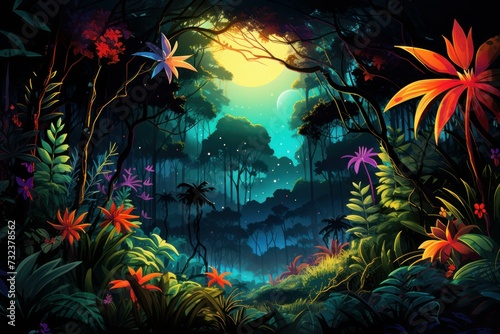 Tranquil Night forest jungle dark. Tropical tree. Generate Ai