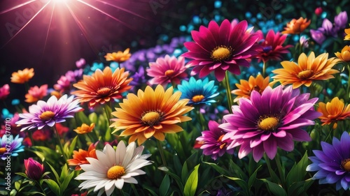 Flowers in the garden, Flowers on a black background, colorful flowers,s and a lens flare, colorful flower background, 