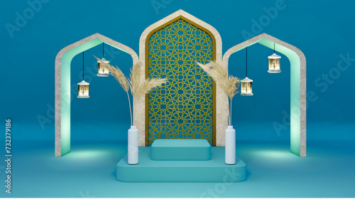 3D render, Ramadan themed background with Islamic decorative objects with flower vases. Simple Ramadan exhibition scene featuring an empty cubic podium for product presentation