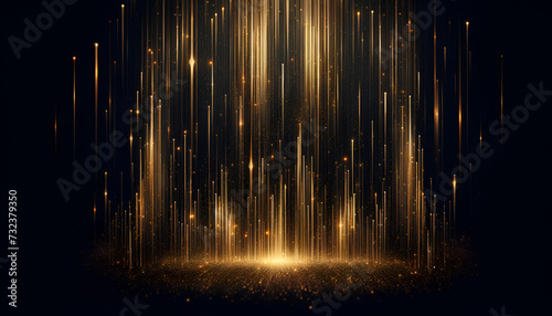 Mystical golden particles descending in the night, a magical setting for event graphics or creative projects. Generative AI.
