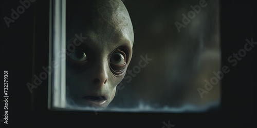Alien looks out of window of house to learn more about humankind. Extraterrestrial creature absorbs nuances of human activity with keen interest photo