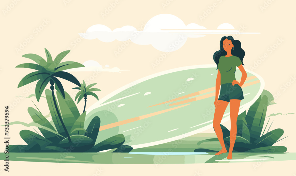 girl standing near a palm tree vector illustration