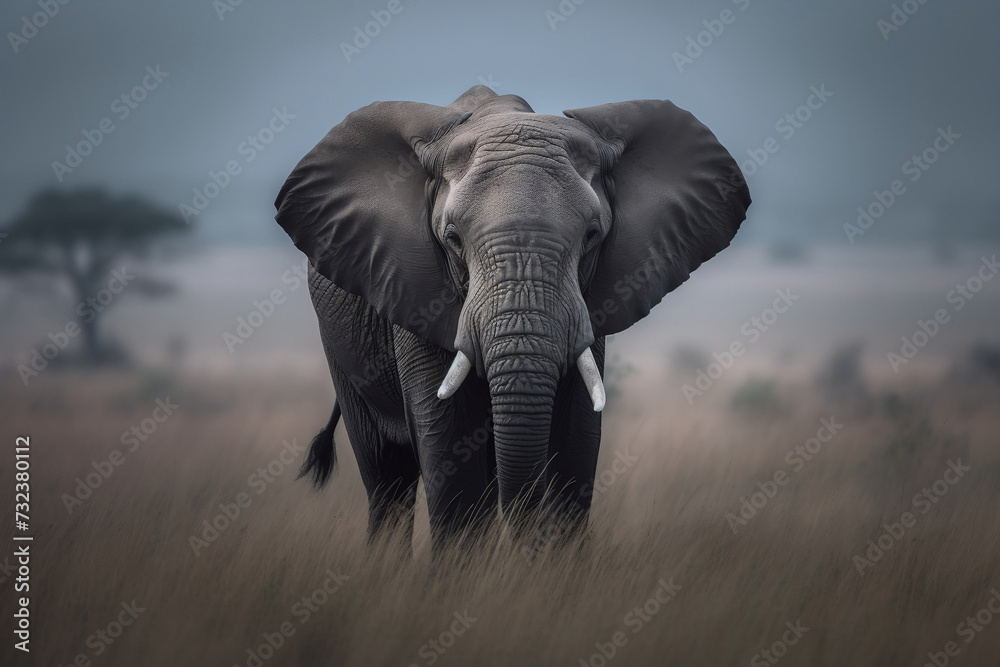 Naklejka premium AI generated illustration of A solitary African elephant in an open grassland setting