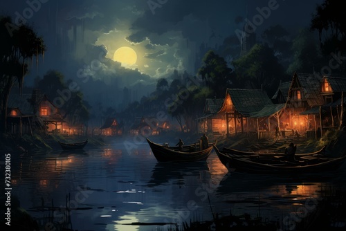 Serene Night river boats. Evening summer. Generate Ai