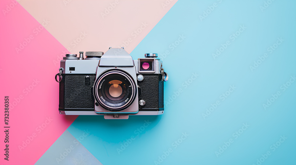 A vintage retro film camera positioned meticulously on a multicolored pastel background