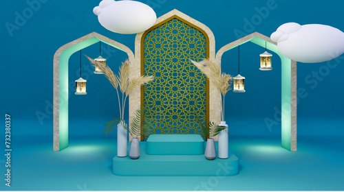 3D render, Ramadan-themed background with Islamic decorative objects. A simple Ramadan exhibition scene featuring an empty cubic podium for product presentations
