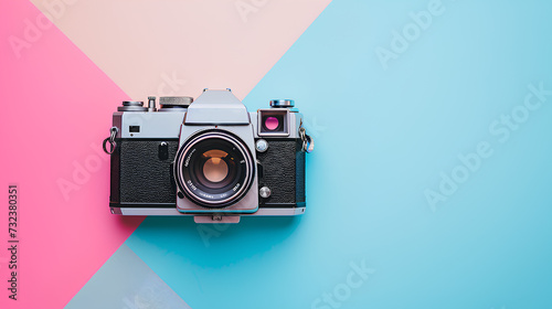 A vintage retro film camera positioned meticulously on a multicolored pastel background