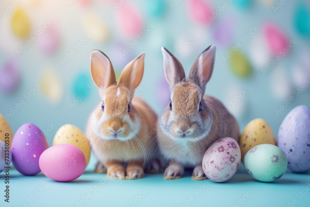 Happy Easter Eggs Basket vr. Bunny in flower easter rose mauve decoration Garden. Cute hare 3d shenanigans easter rabbit spring illustration. Holy week rose dust card wallpaper tradition