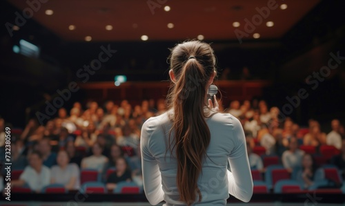 Backview of brunette female long hair with ponytail motivational speaker or coach in front of her conference meeting audience half turned with microphone in her hand