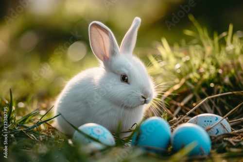 Happy Easter Eggs Basket cherry blossom. Bunny in flower easter Pattern decoration Garden. Cute hare 3d diy easter rabbit spring illustration. Holy week sky card wallpaper gratitude card © Leo