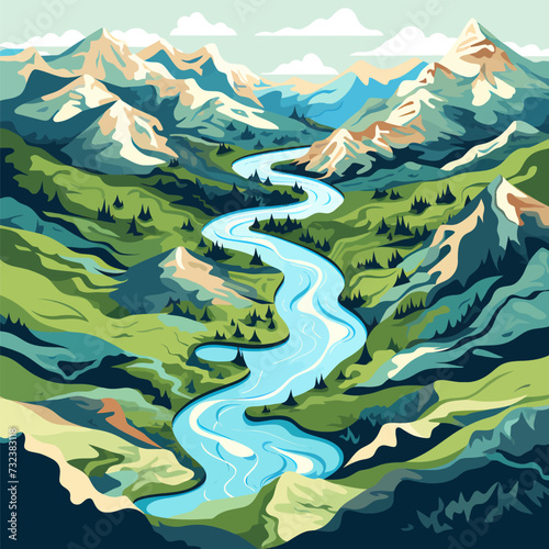 Detailed mountains and river in the middle Generative Ai