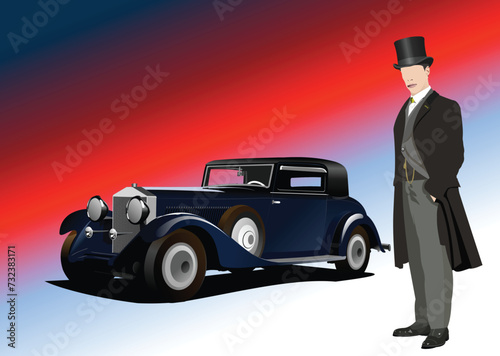 Luxury Old rarity Car and gentleman image. Vector 3d illustration. Hand drawn illustration