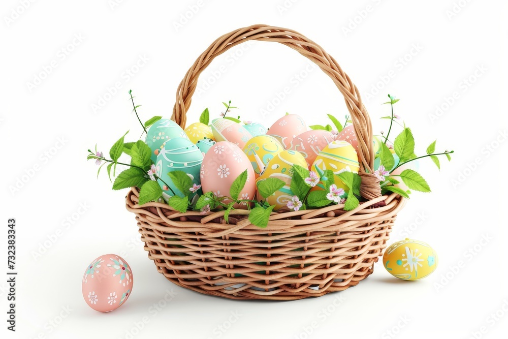 Happy Easter Eggs Basket bubbly. Bunny in flower easter Garden fresh bloom decoration Garden. Cute hare 3d Tail easter rabbit spring illustration. Holy week glamorous card wallpaper hope