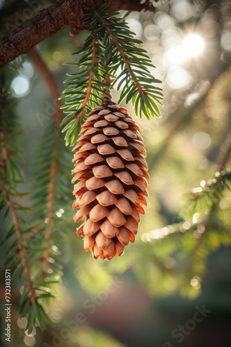 a cone is hanging on a branch of a pine tree in the forest. Cedar Cone