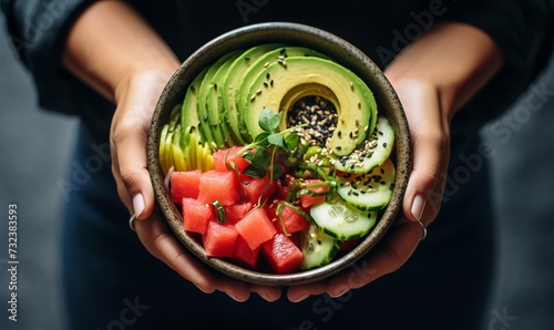 Girl in jeans holding hawaiian watermelon poke bowl with avocado, cucumber, mung bean sprouts and pickled ginger. Top view, overhead photo