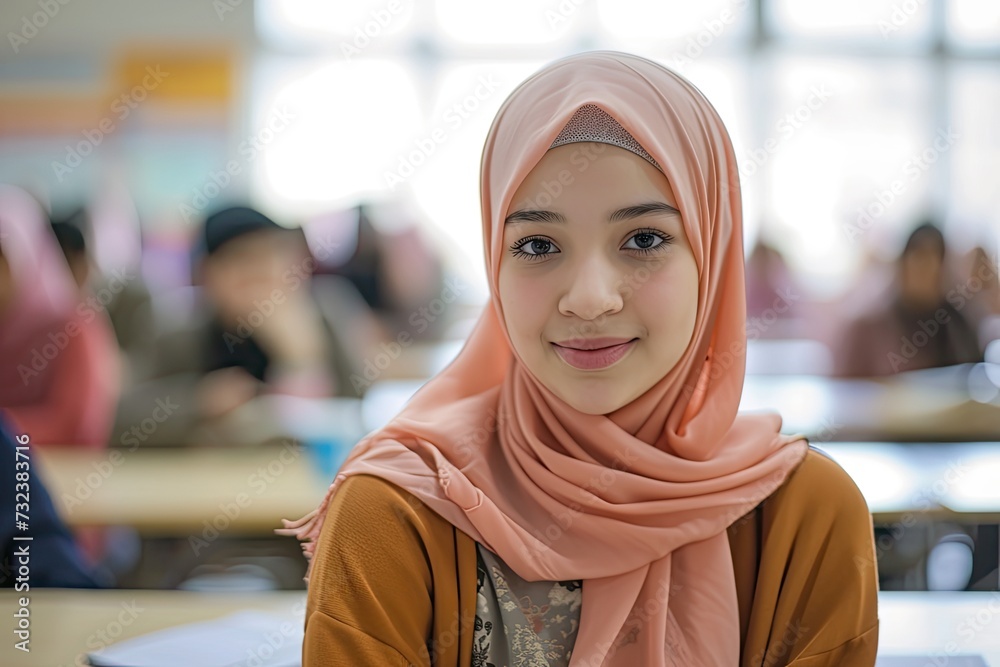 Stylish Hijab: Muslim student woman showcases her elegant headscarf. Stylish Hijab: Muslim student woman showcases her elegant headscarf.