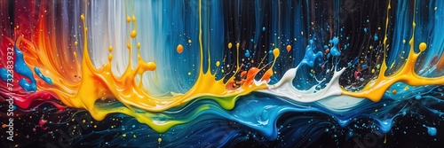 abstract painting of colorful liquid splashing against a black background. The colors include red, orange, yellow, blue, and white
