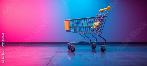 Shop-a-thon - A vibrant, colorful shopping cart with a yellow handle, showcasing a modern and stylish design. Generative AI