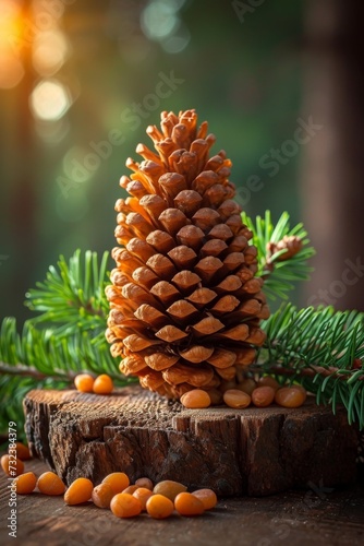 A pine cone and nuts are lying on a stump in the forest. CEDAR cone