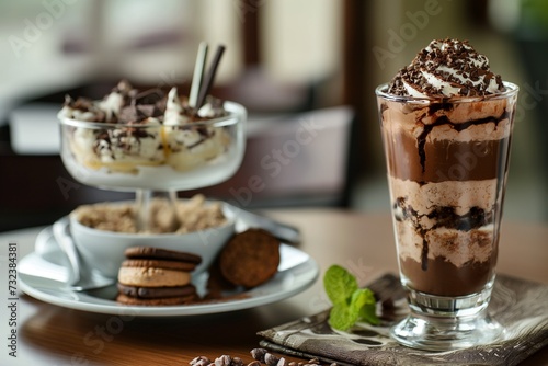 A delicious chocolate shake and chocolate cookie parfait drink in a luxurious cafe with a great atmosphere. generative ai
