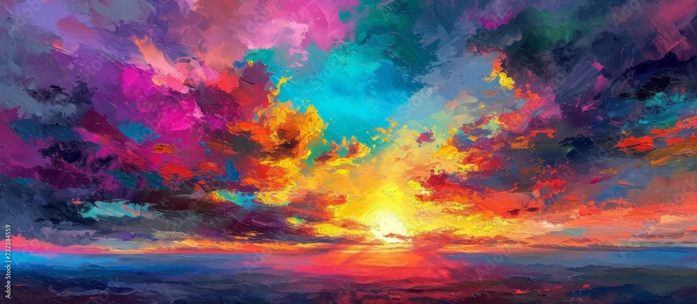 A mesmerizing artwork depicting the vibrant hues of a sunset sky over the ocean, with clouds, afterglow, and a natural landscape.