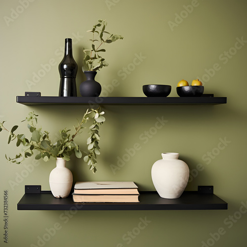 shelf with books and vase and pots, three black shelves on an olive wall with crockery, minimalist style, high-quality photography, and luxury ideas for arranging the space