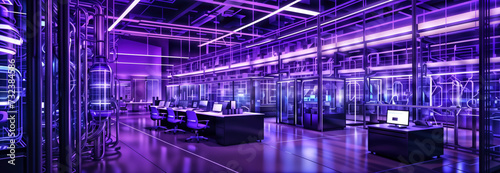 empty office space with purple lighting. There are multiple desks with chairs, and each desk has a computer on it.