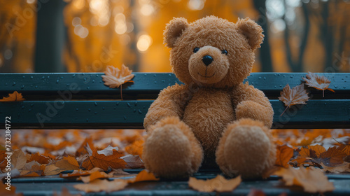 Closeup shot of teddy bear in the park. Created with Ai