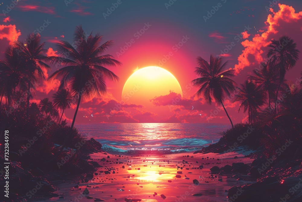 Pink Sunset Palm Tree Paradise Generative AI