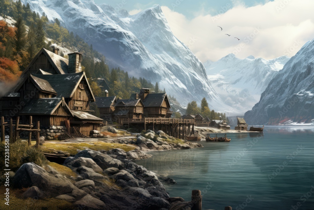 Fototapeta premium Serene Nordic village view. Scenic snow. Generate Ai