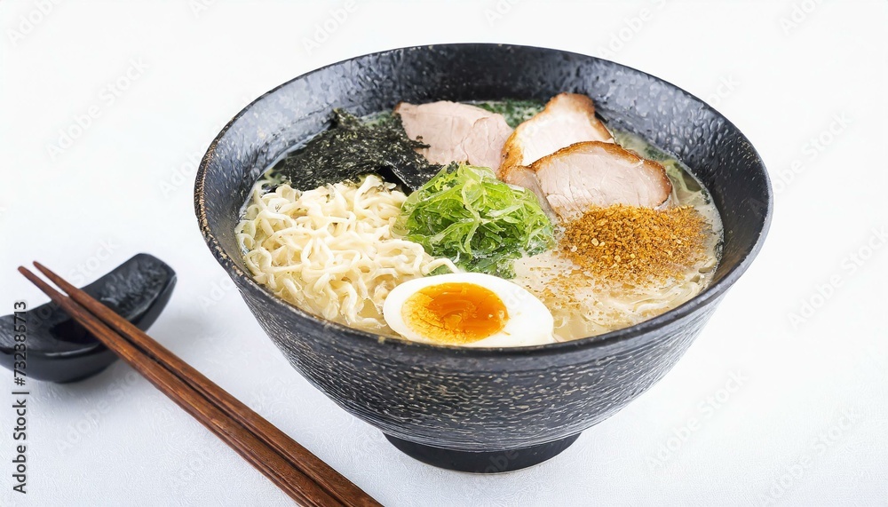 Asian Cuisine - Japanese Ramen or Noodle Soup with Broth and vegetables - Set on a Table with chopsticks Asian Cuisine - Japanese Ramen or Noodle Soup with Broth and vegetables - Set on a Table with chopsticks