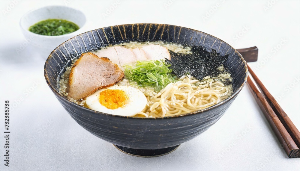 Asian Cuisine - Japanese Ramen or Noodle Soup with Broth and vegetables - Set on a Table with chopsticks Asian Cuisine - Japanese Ramen or Noodle Soup with Broth and vegetables - Set on a Table with chopsticks