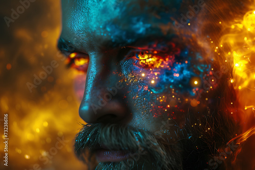 colorful superhero portrait surrounded by fire and energy