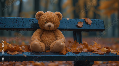 Teddy bear sitting on seats in the park. Created with Ai
