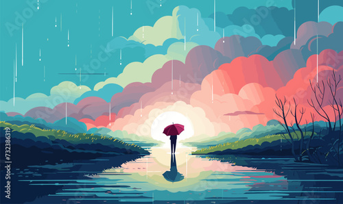 girl with an umbrella walks in the rain flat vector illustration