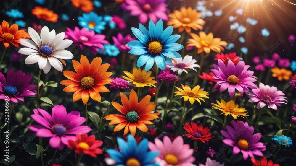 Fototapeta premium Pink and yellow flowers, Red and yellow flowers, Flowers on a black background, colorful flowers,s and a lens flare, colorful flower background,