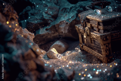 Pirate Treasures. Sparkling Gems Amidst Hidden Treasure Chests and Rocks.