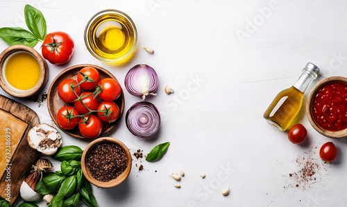 The ingredients for homemade pizza on a white wooden background