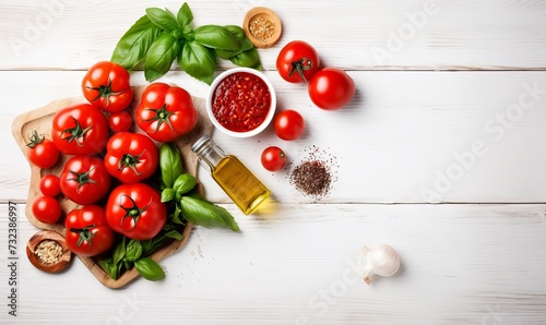 The ingredients for homemade pizza on a white wooden background