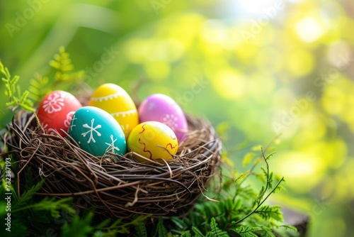 Happy Easter Eggs Basket Playful. Bunny in flower easter Rainbow eggs decoration Garden. Cute hare 3d rosebud pink easter rabbit spring illustration. Holy week eager card wallpaper Fresh