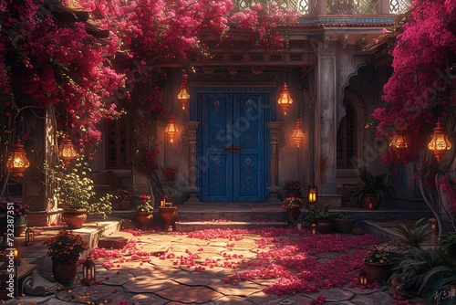 Pink Petals and Blue Doors: A Dreamy Spring Wedding Generative AI
