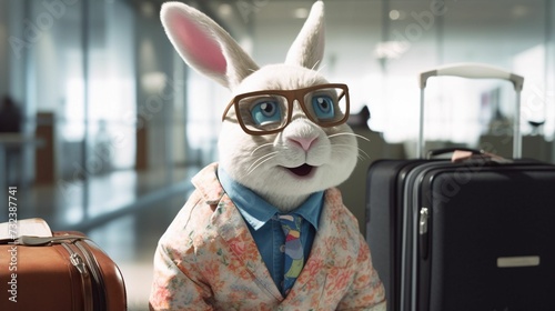 AI generated illustration of an adorable adult rabbit in glasses and a necktie at an airport photo