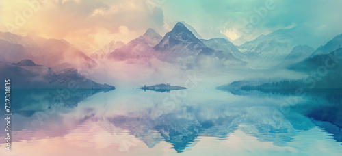 Serene mountain landscape with mist and reflective lake. Tranquil nature scenery. © Postproduction