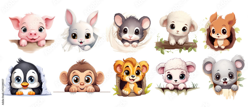 set of cute peeking baby animals, Clipart Sticker, Illustration, png, generated ai set of cute peeking baby animals, Clipart Sticker, Illustration, png, generated ai