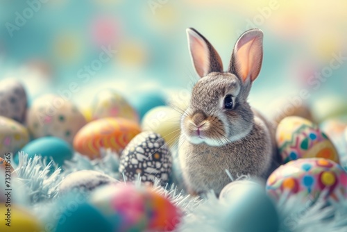 Happy Easter Eggs Basket blooming. Bunny in flower easter turquoise dream decoration Garden. Cute hare 3d text area easter rabbit spring illustration. Holy week rose card wallpaper Happy