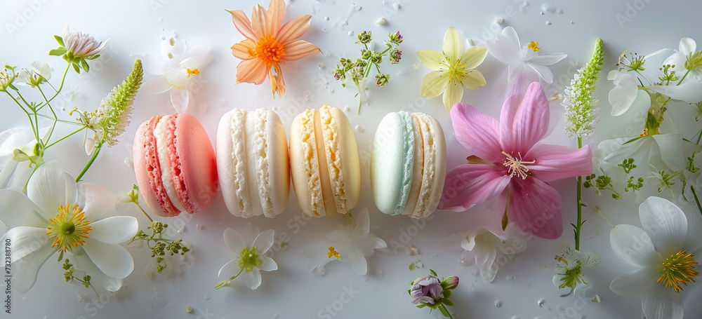 Colorful macarons with fresh spring flowers on white background ...