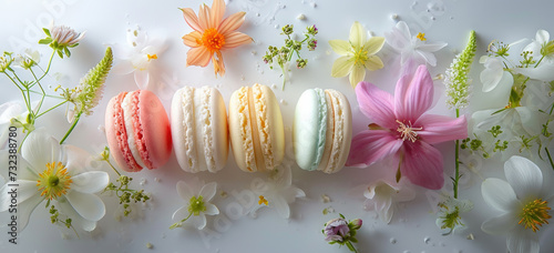 Colorful macarons with fresh spring flowers on white background. Gourmet dessert and elegance. photo